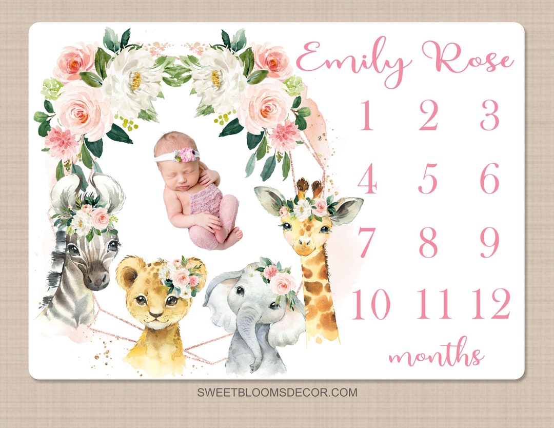 Safari Animals Floral Girl Milestone Blanket, Blush Pink Flowers ...