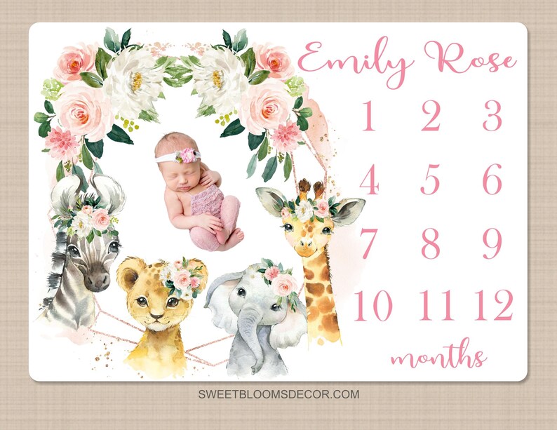 Safari Animals Floral Girl Milestone Blanket Blush Pink - Etsy