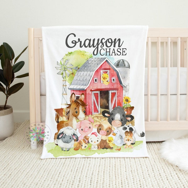 Farm Animals Baby Blanket, Personalized Boy Girl Farmhouse Barnyard Cow Horse Sheep Pig Chicken Name Baby Shower Gift Nursery Bedding B1657