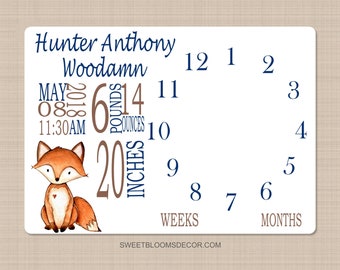 Fox Milestone Blanket Personalized Baby Boy Birth Announcement Gift Newborn Gift Woodland Milestone Minthly Gowth Tracker Blanket B1251