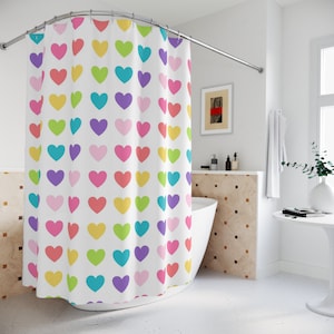 Hearts Kids Shower Curtain, Rainbow Colors  Purple Pink Teal Blue Yellow Green Baby Girl Bathroom Decor Bath Mat S164