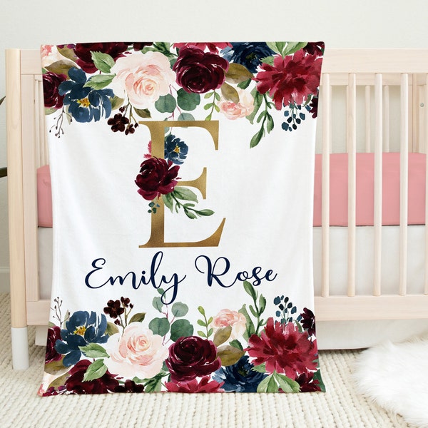 Floral Girl Name Blanket Burgundy Red Blush Pink Gild Navy Blue Maroon Watercolor Flowers Monogram  Baby Shower Gift B1410