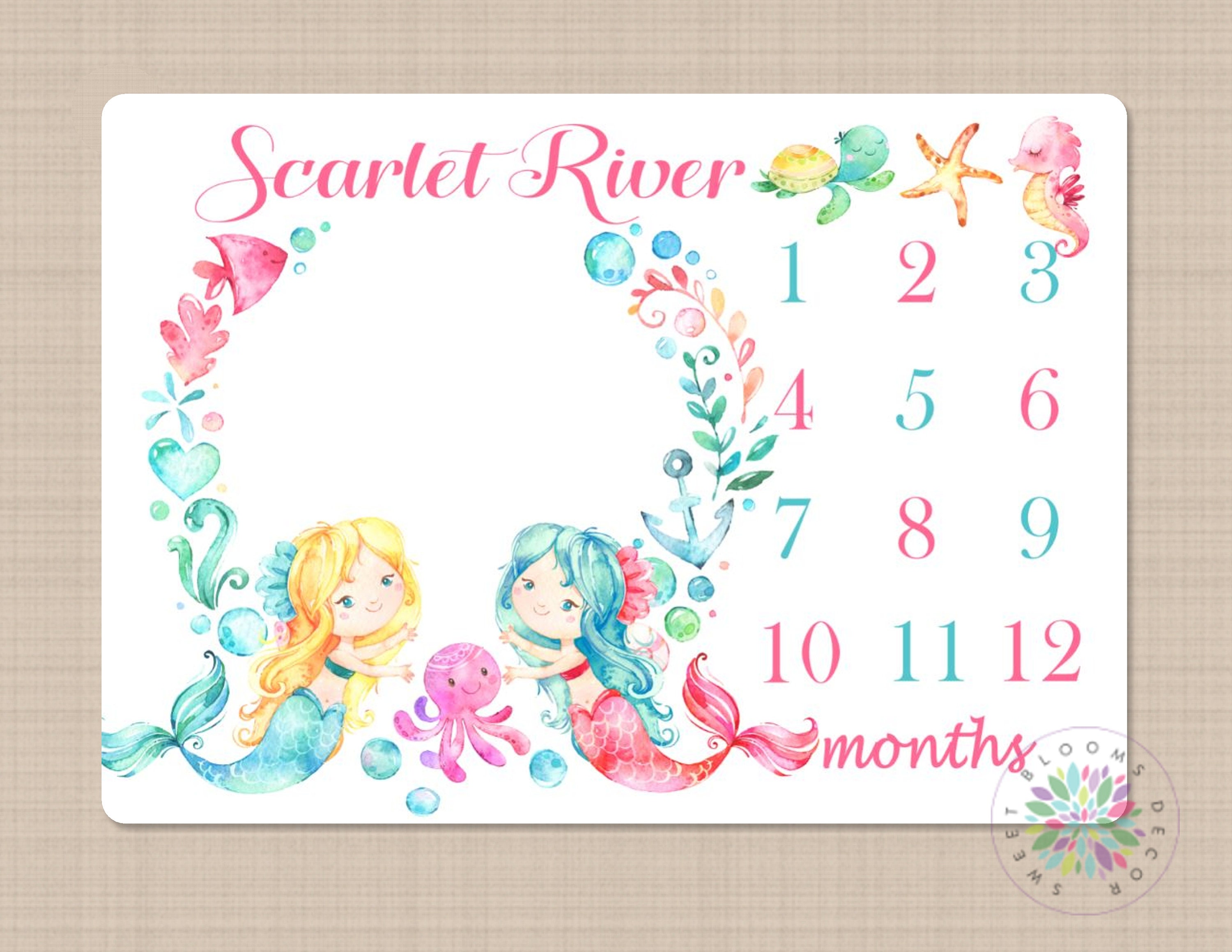 Mermaid Milestone Blanket Girl Ocean Monthly Blanket Sea Animals Turtle ...