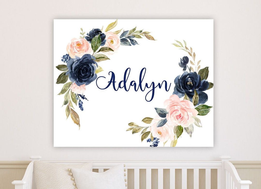 Navy Blush Pink Floral Girl Nursery Name Sign Wall Art Watercolor ...