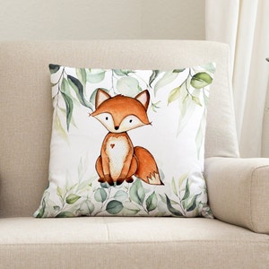 Fox Nursery Pillow, Woodland Animals Eucalyptus Green Leaves Forest Baby Shower Gift Boy Girl Nursery Decor  P337