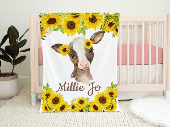 Cow Sunflower Baby Blanket Farm Animals Personalized Watercolor Flowers Baby Girl Shower Gift Newborn Nursery Sunflower B1494 Etsy Canada