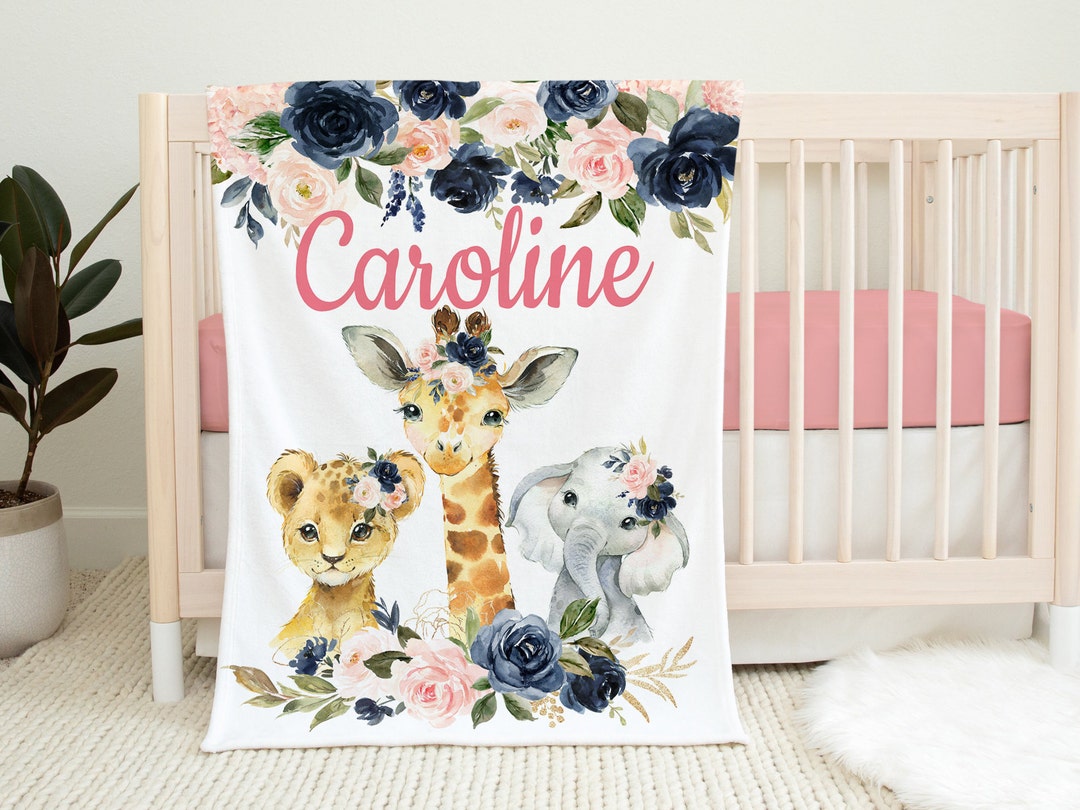 Animals Baby Girl Name Blanket Blush Pink Navy Floral Safari Jungle ...