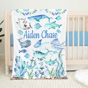 Sea Animals Baby Boy Name Blanket, Personalized Under The Sea Watercolor Blue Green Whale Shark Fish Ocean Baby Shower Gift  B1560