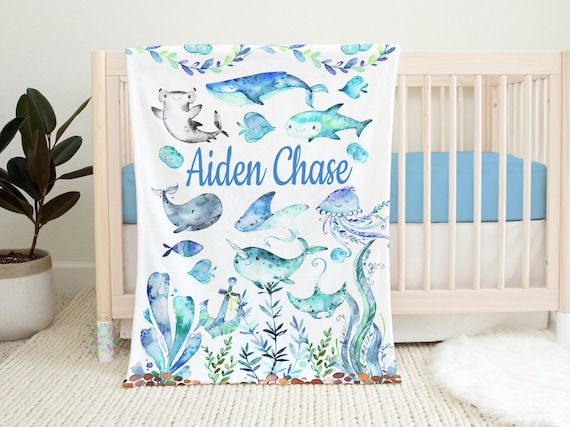 Sea Animals Baby Boy Name Blanket, Personalized Under the Sea