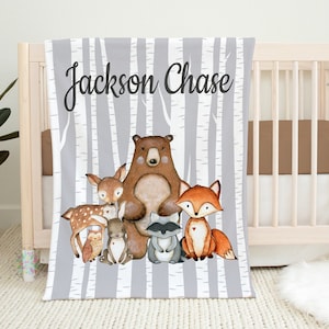 Woodland Baby Blanket, Personalized Forest Animals Gray Birch Trees Bear Fox Raccoon Deer Bunny Owl Baby Shower Gift Nursery Decor B1198