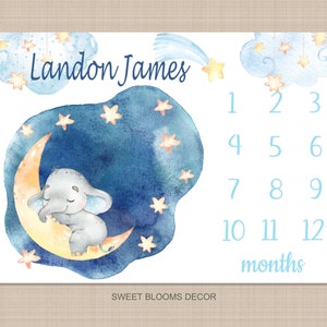 Elephant Milestone Blanket Personalized Baby Boy Blanket Newborn Baby Shower Gift Growth Tracker Moon Stars Sleeping Elephant B1229