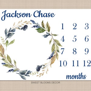Boy Milestone Blanket Baby Boy Leaves Blue Flowers Wreath Monthly Growth Tracker Personalized Nursery Decor Baby Shower Gift B1049