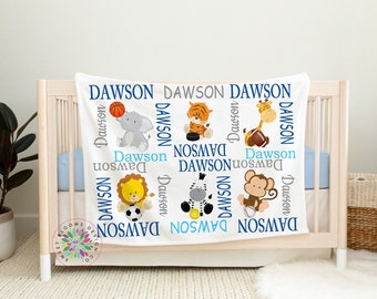 Safari Animals Sports Baby Blanket, Personalized Name Elephant Lion Monkey Giraffe Tiger Sports Balls Baby Shower Gift Future All Star B1662