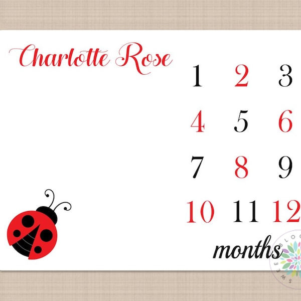 Ladybug Milestone Blanket Red Black Lady Bug Monthly Growth Tracker Blanket Personalized Baby Girl Bedding Shower Gift  B368