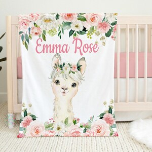 Llama Floral Baby Girl Blanket, Blush Pink Watercolor Flowers Personalized Newborn Baby Girl Name Blanket Llama Baby Shower Gift  B1609