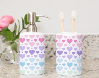 Pastel Rainbow Hearts Toothbrush Holder and Soap Dispenser Set, Kids Sisters Baby Bathroom Decor Purple Pink Teal Green Blue