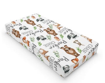 Woodland Animals  Changing Pad Cover, Eucalyptus Green Leaves Greenery Forest Bear Dear Fox Owl Raccoon Baby Boy Shower Gift C193