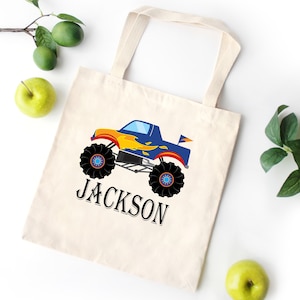 Monster Truck Tote Bag Personalized Kids Canvas School Bag Custom Preschool Daycare Toddler Beach Tote Bag Birthday Gift Library T125