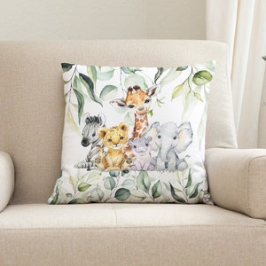 Safari Animals Nursery Pillow, Jungle Zoo Elephant Lion Giraffe Zebra Eucalyptus Green Leaves Forest Baby Shower Gift Nursery Decor  P341