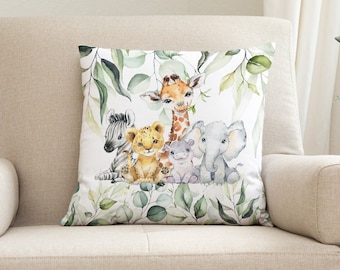 Safari Animals Nursery Pillow, Jungle Zoo Elephant Lion Giraffe Zebra Eucalyptus Green Leaves Forest Baby Shower Gift Nursery Decor  P341