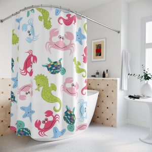 Sea Animals Kids Shower Curtain, Under The Sea Ocean Fish Crab Turtle Sea Horse Girl Boy Siblings Bathroom Curtain P131