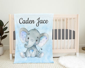 Personalized Elephant Blanket, Custom Name Baby Boy Blanket, Blue Gray Elephant Name Blanket, Newborn Baby Shower Gift B783