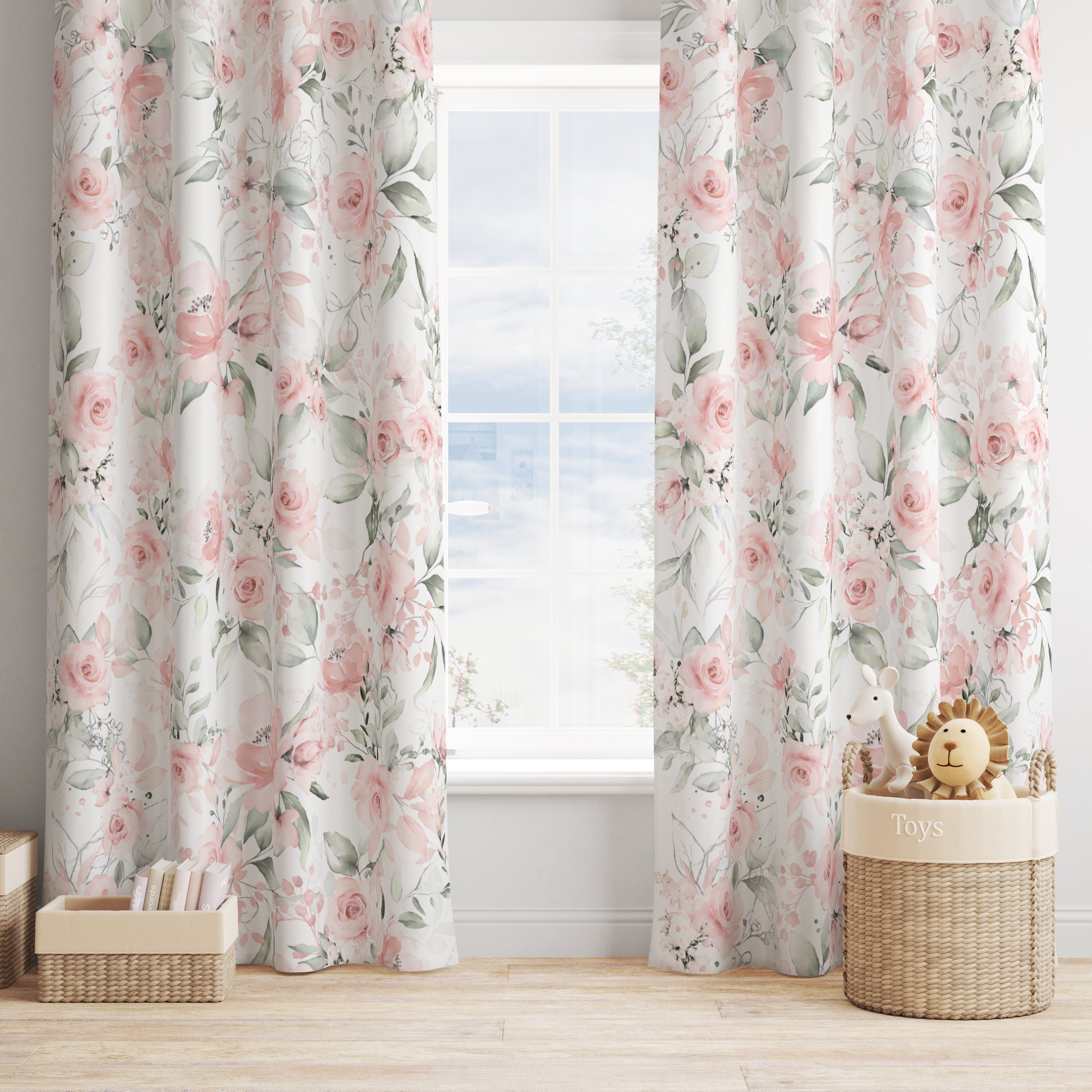 Pink Floral Window Curtains Nursery Drapes, Roses Flowers Girl