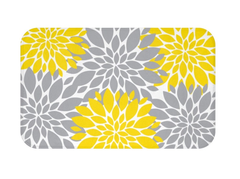 Yellow Gray Floral Shower Curtain Dahlia Flowers Bathroom Etsy