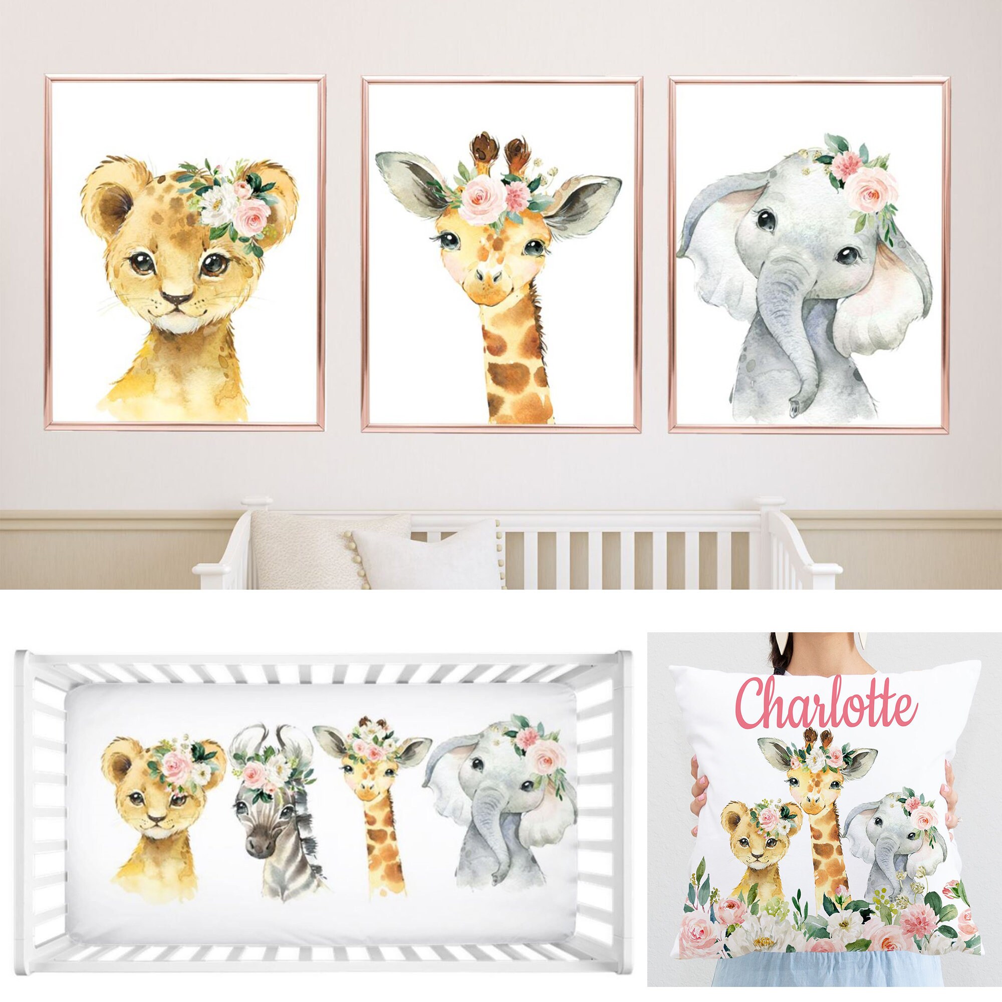 Safari Jungle Animals Blush Pink Floral Girl Nursery Decor Baby Shower ...