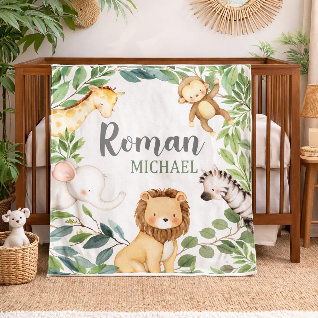 Safari Animals Baby Blanket, Jungle Greenery Personalized Blanket ...