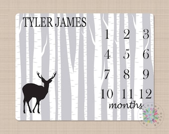 Deer Baby Blanket Deer Woodland Milestone Blanket Monthly Growth Tracker Gray Birch Deer Blanket Newborn Baby Boy Blanket Baby Gift B184