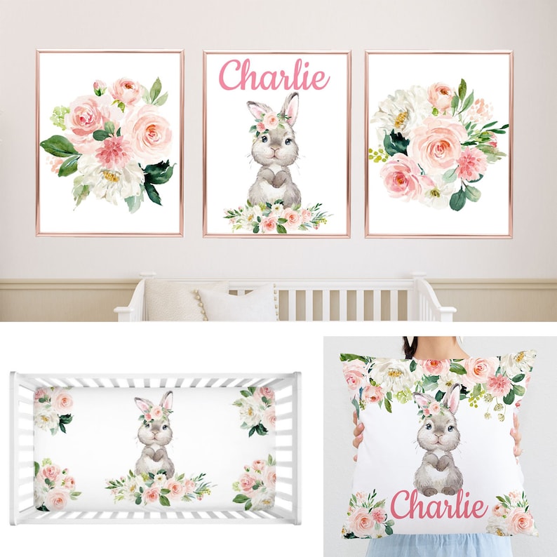 Bunny Blush Pink Floral Roses Girl Baby Nursery Decor Shower | Etsy