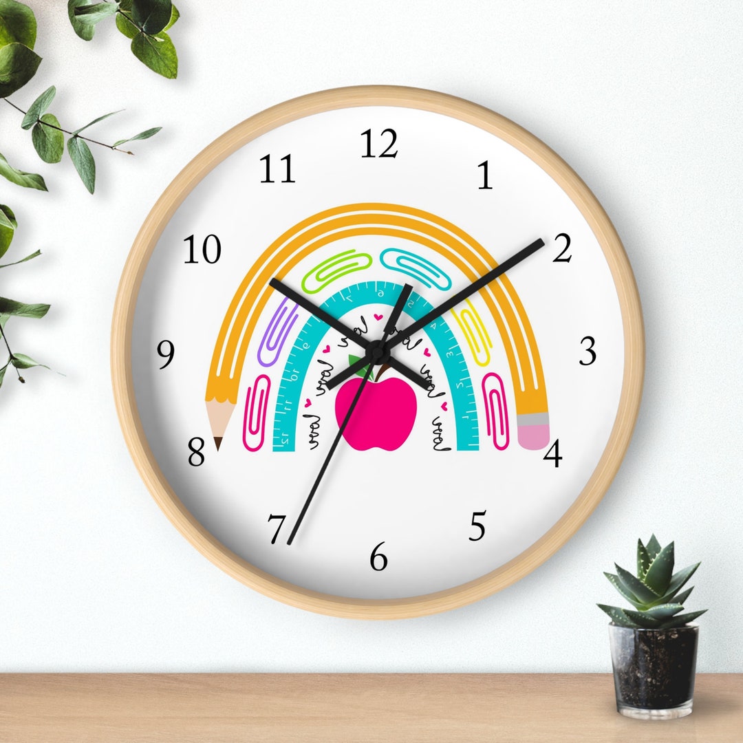 School Classroom Wall Clock, Teacher Rainbow Apple Pre School Clock
