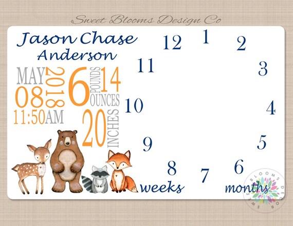 Milestone Blanket Woodland Animals Monthly Baby Blanket Birth Announcement Boy Photo Prop Birth Stats Personalized Baby Shower Gift B482