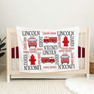 Firetruck Name blanket, Baby Boy Firefighter Personalized blanket Fireman Baby Shower Gift Birthday Red Black  Nursery Bedding B592