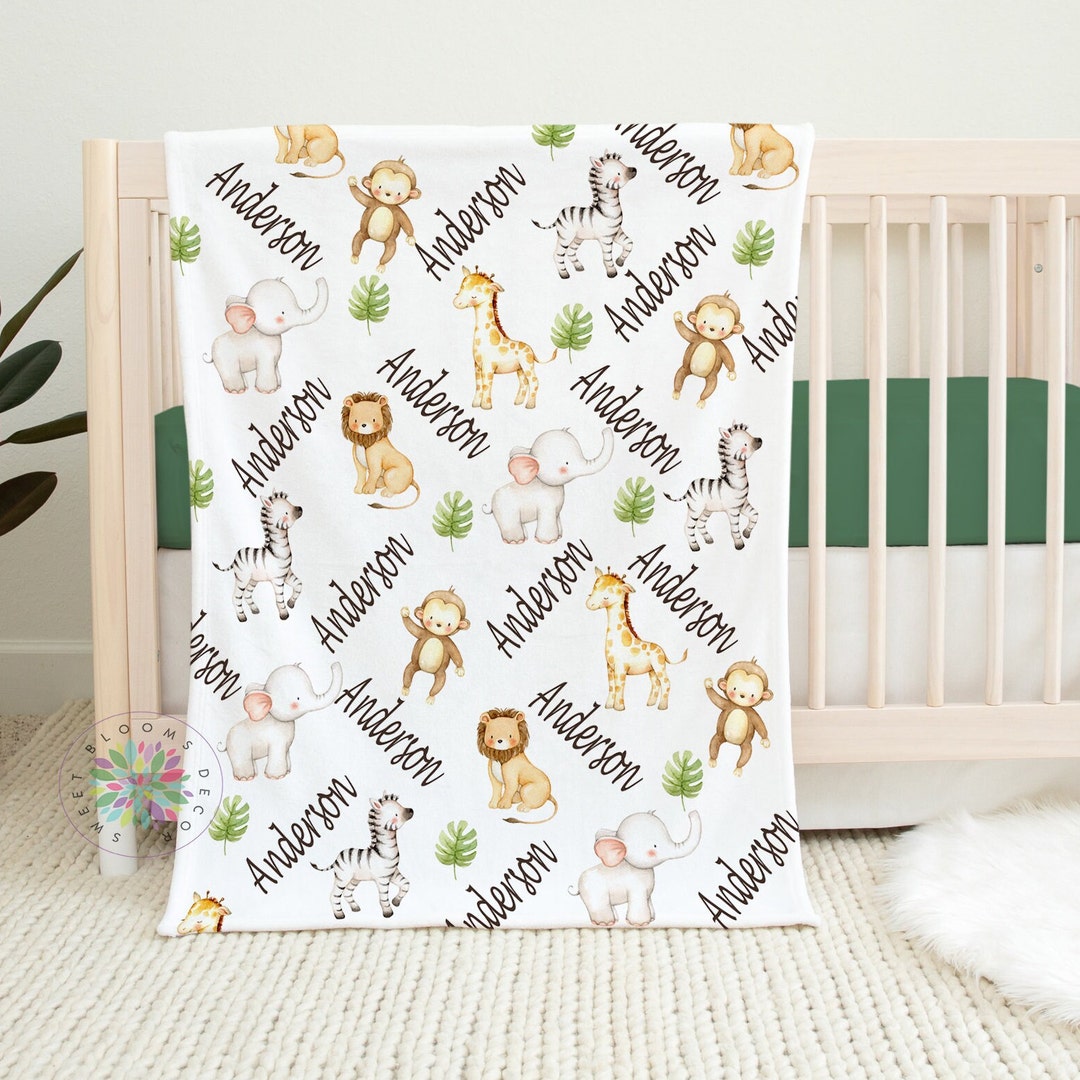Safari Animals Baby Name Blanket, Personalized Jungle Boy Girl Blanket ...