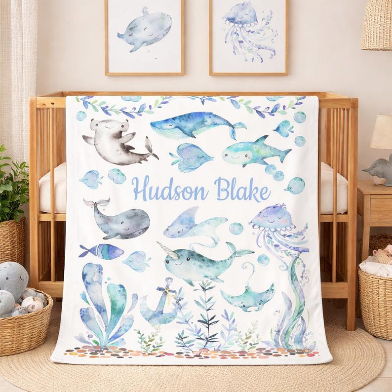 Sea Animals Baby Boy Name Blanket, Personalized Under the Sea ...