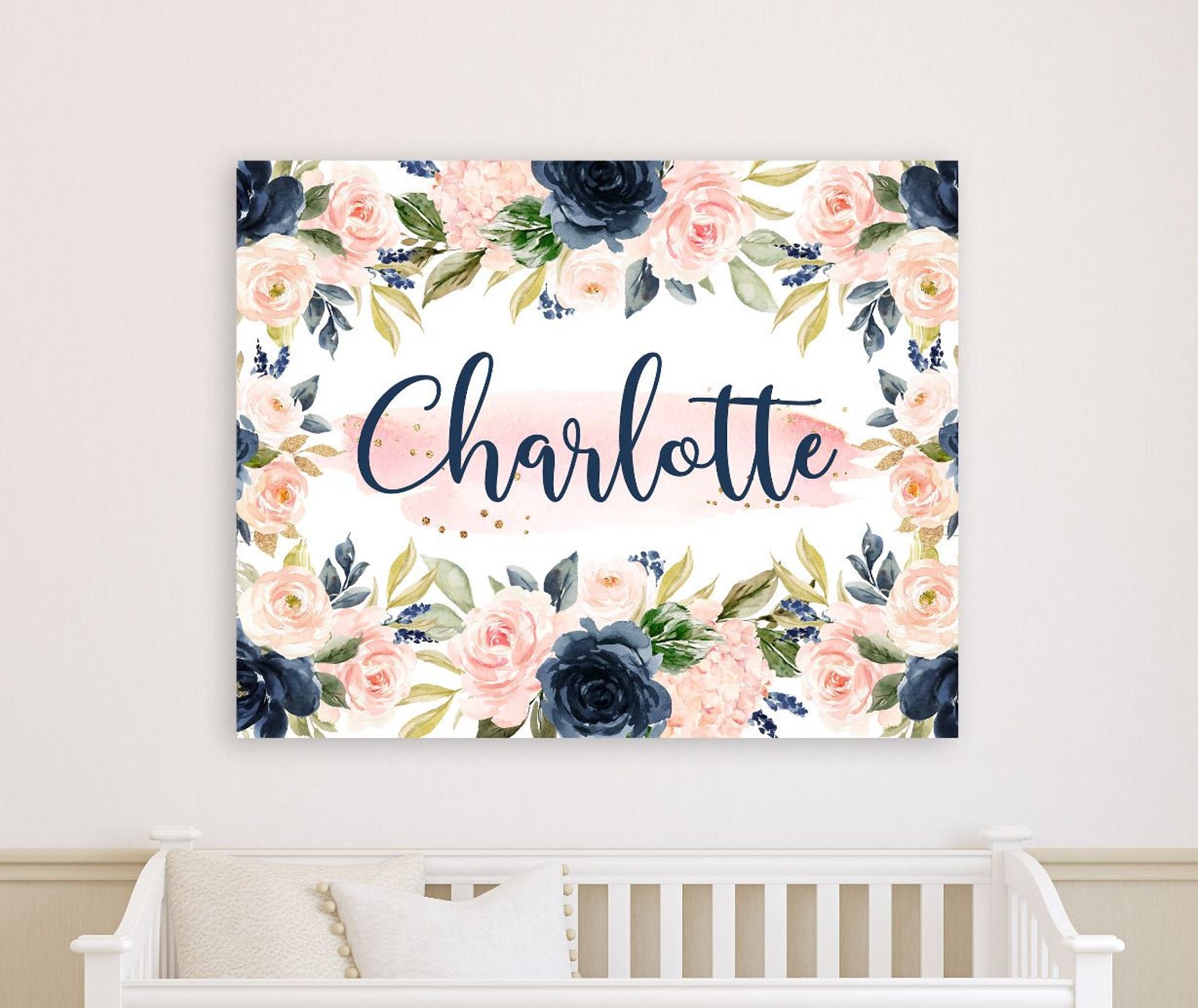 Navy Blush Pink Floral Girl Nursery Name Sign Wall Art Flowers Bedroom ...