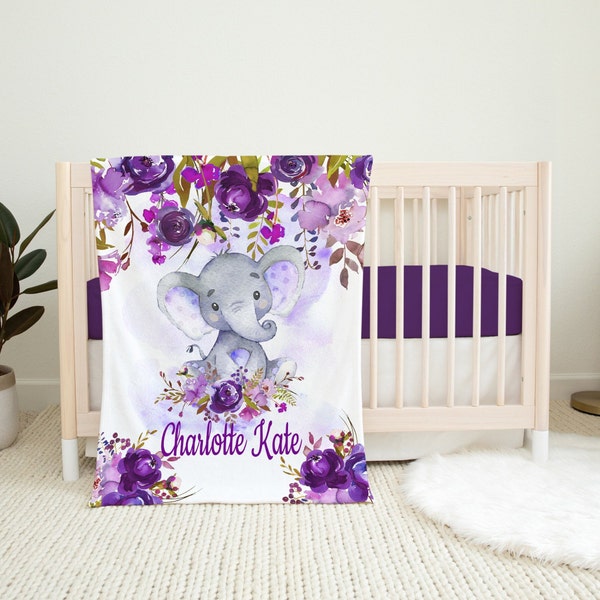 Elephants Baby Girl Blanket Floral Purple Lavender Plum Flowers Newborn Girl Name Blanket Monogram Flowers Baby Shower Gift Bedding B890