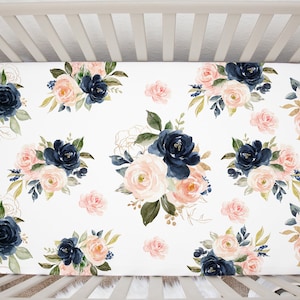 Floral Fitted Sheet Navy Blush Pink Coral Watercolor Flowers Newborn Baby Shower Gift