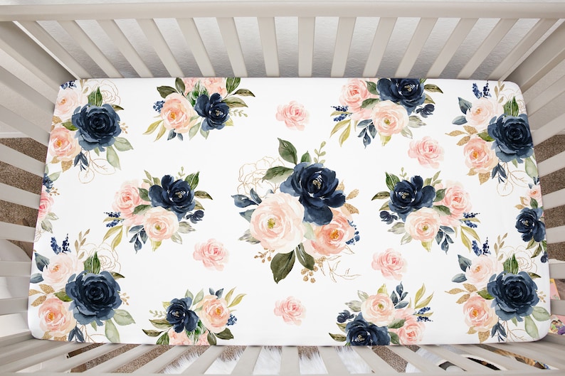 Floral Crib Sheet Navy Blush Pink Coral Watercolor Flowers Etsy