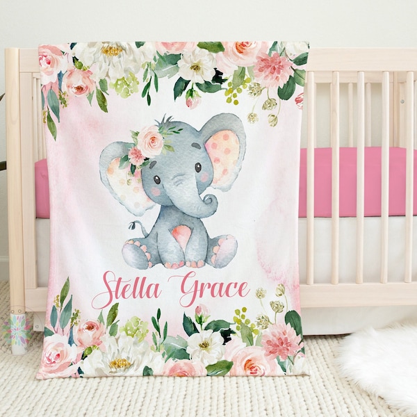 Elephant Floral Baby Girl Name Blanket, Blush Pink Watercolor Flowers Roses Newborn Baby Girl Name Blanket Baby Shower Gift B698