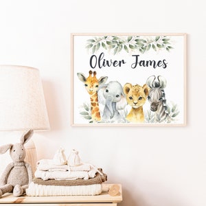 Safari Animals Nursery Name Wall Art, Watercolor Jungle Animals Green Leaves Baby Boy Room Decor Unframed Print Or Canvas 105