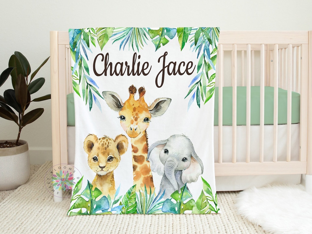 Animals Baby Blanket, Safari Boy Personalized Name Tropical Leaves ...