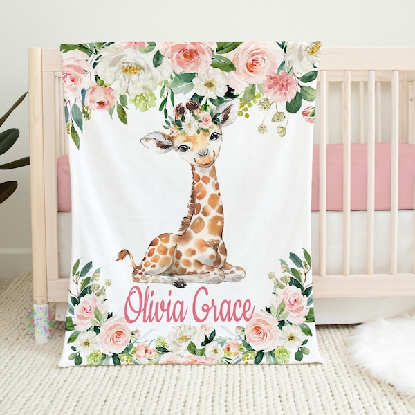 Giraffe Foral Baby Girl Blanket, Blush Pink Watercolor Flowers Personalized Newborn Baby Girl Name Blanket  Animals Baby Shower Gift  B1588