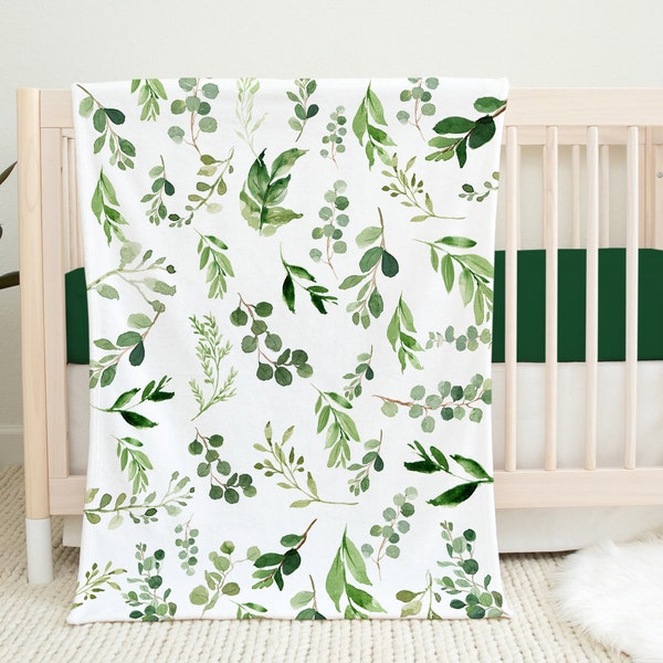 Eucalyptus Leaves Baby Blanket, Watercolor Greenery Green Leaves Gender Neutral Girl Boy Shower Gift Nursery