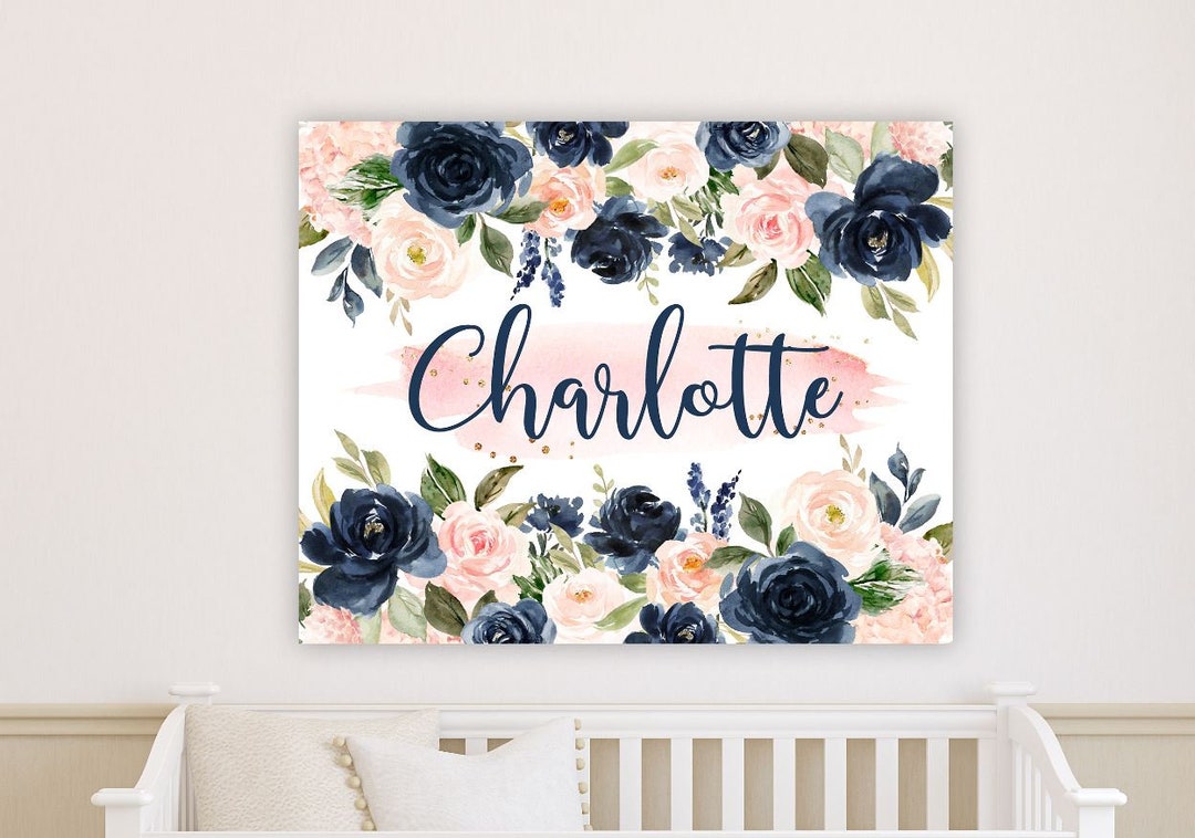 Navy Blush Pink Floral Girl Nursery Name Sign Flowers Over the Wall Art ...