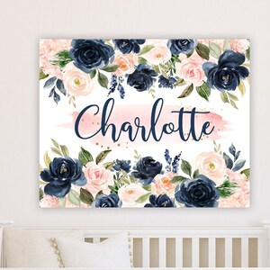 Navy Blush Pink Floral Girl Nursery Name Sign Flowers Over the Wall Art ...