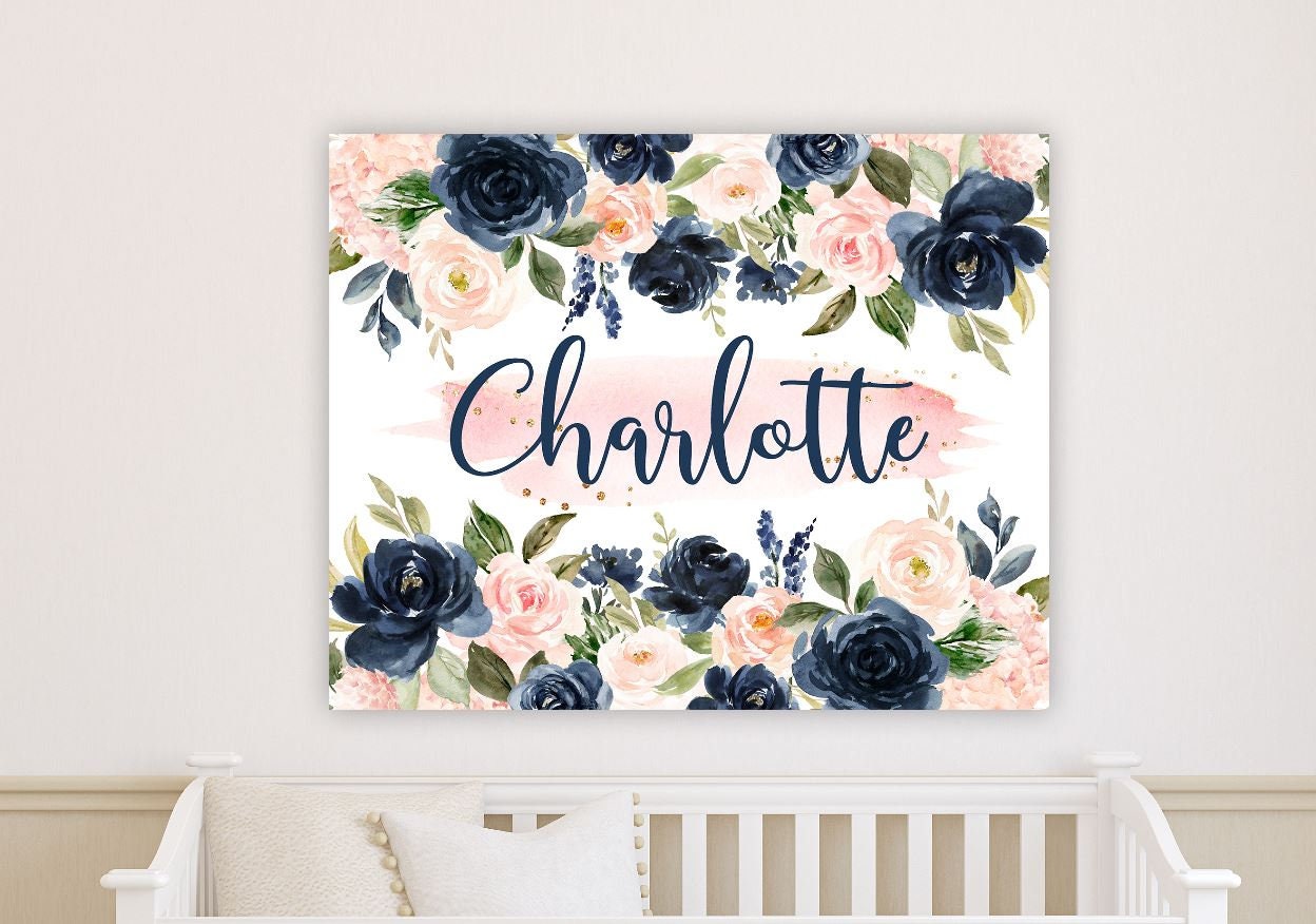 Navy Blush Pink Floral Girl Nursery Name Sign Flowers Over the Wall Art ...