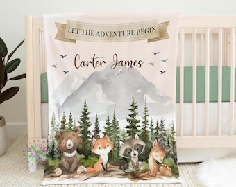 Woodland  Blanket, Personalized Woodlan Baby Blanket, Custom Forest Boy Blanket, Let the Adventure Begin, Toddler , Baby Shower Gift B1740